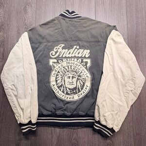 Vintage Indian Motorcycle Bomber Jacket Mens Large Gray Cream Varsity Canvas L